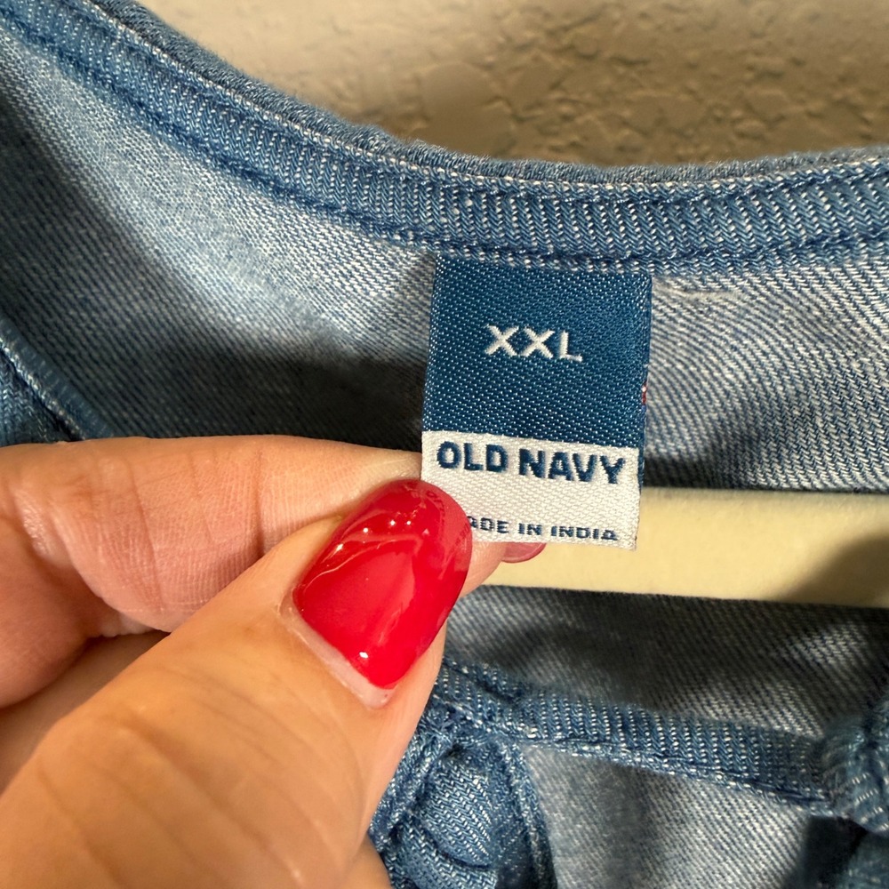 Old Navy Womens XXL Blue Chambray Denim Ruffle Peter Pan Collar Tie Front Blouse - Picture 4 of 7